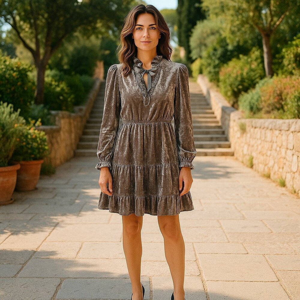 Romeo + Juliet Silver Velvet Long Sleeved Tiered Dress Ladies Small Romantic